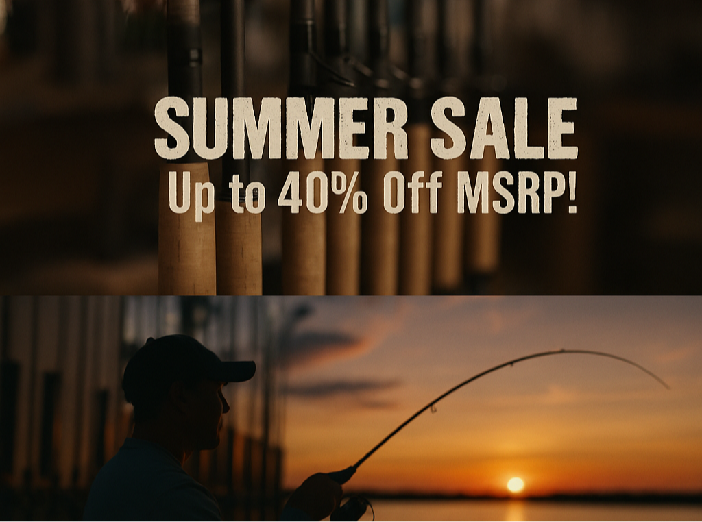 Fishing rod with hands adjusting reel, sunset over water, and text 'Summer Sale Up to 40% Off MSRP'.