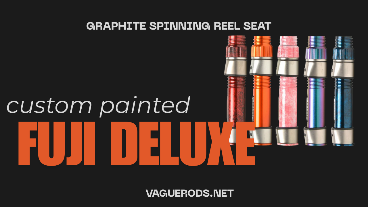 Custom painted Fuji Deluxe graphite spinning reel seats with colorful finishes on a black background.